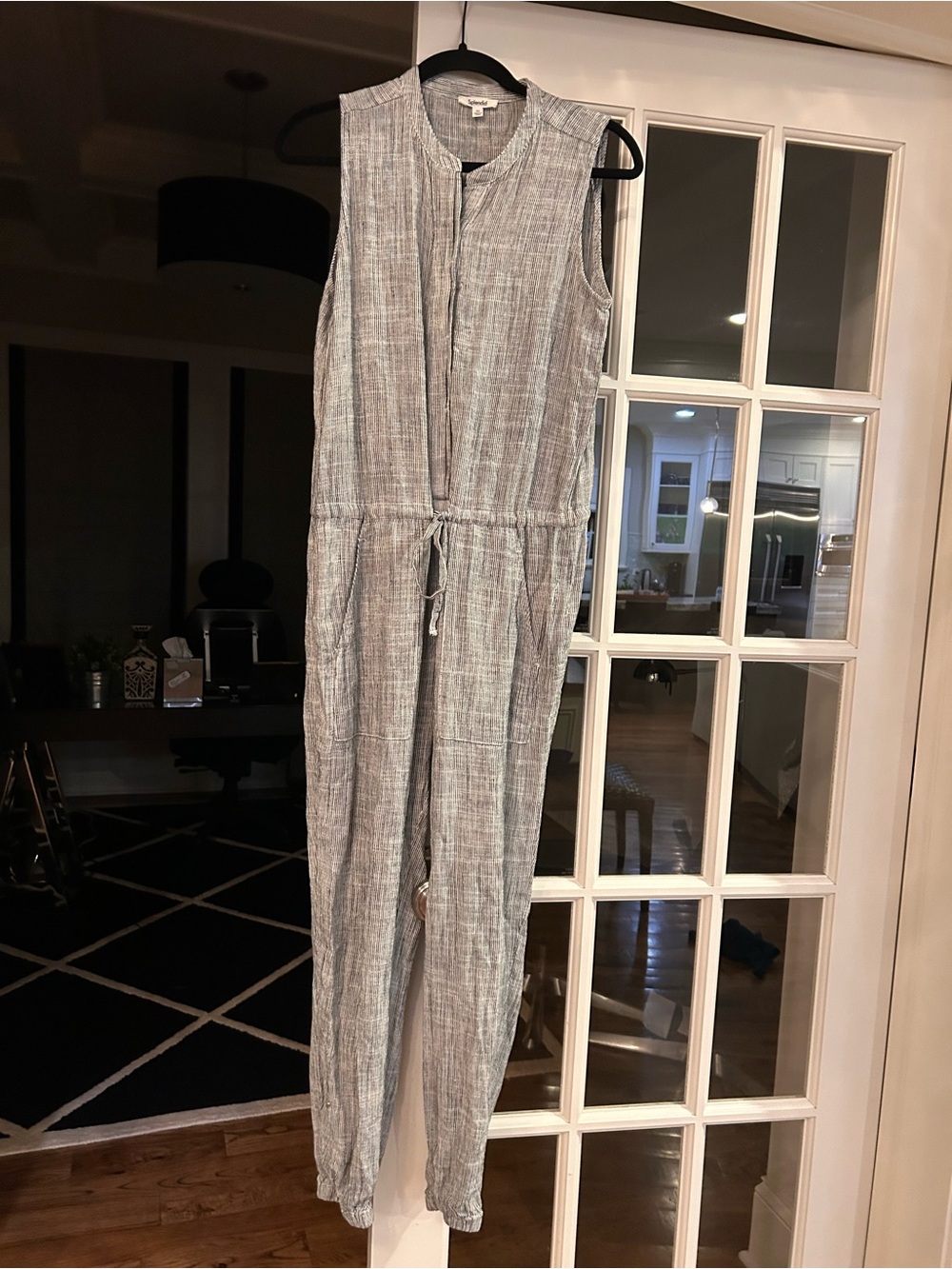 Splendid Sleeveless Gray Pinstripes Drawstring Textured Jumpsuit